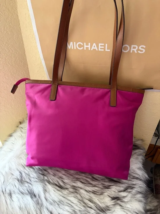 Michael Kors fuchsia is Nylon Tote with Brown Leather Trim - Picture 3 of 11